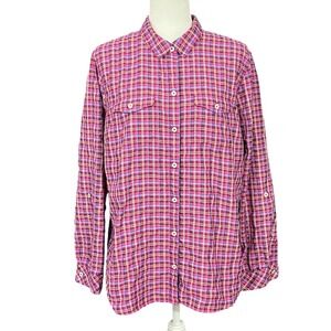 Eddie Bauer Tartan Plaid Field Flex Button Up Shirt XL Pink Roll Tab Hiking